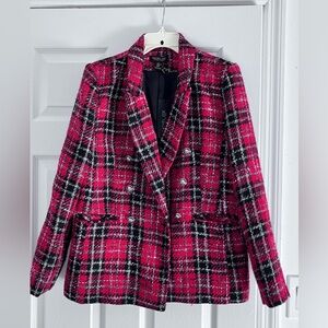 Rachel Zoe Pink and Black Double Breasted Plaid Blazer